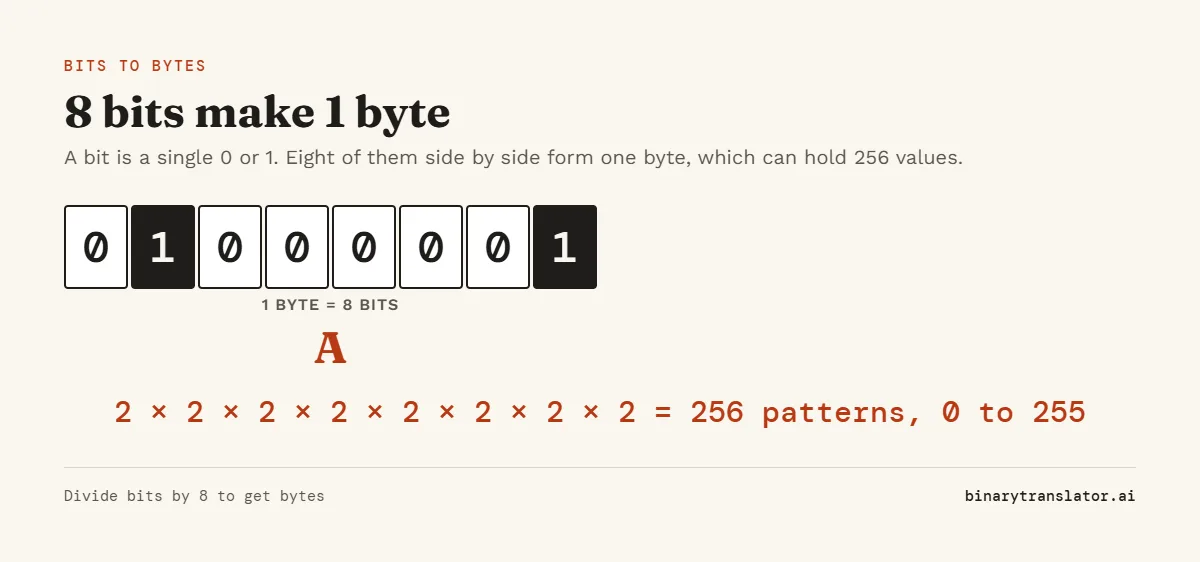 One byte is 8 bits, shown as 01000001, the code for the letter A. Eight bits give 2 to the power of 8, or 256 possible patterns, from 0 to 255.