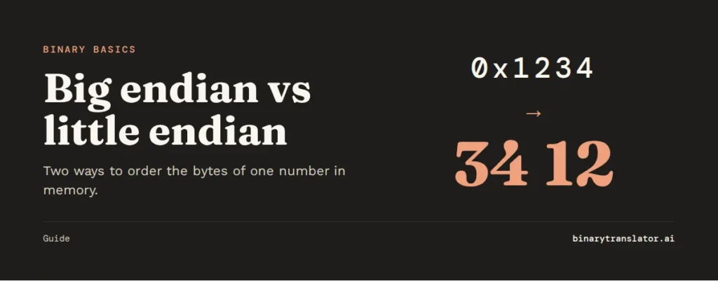 Big endian vs little endian: the number 0x1234 is stored as 12 34 in big endian and as 34 12 in little endian.