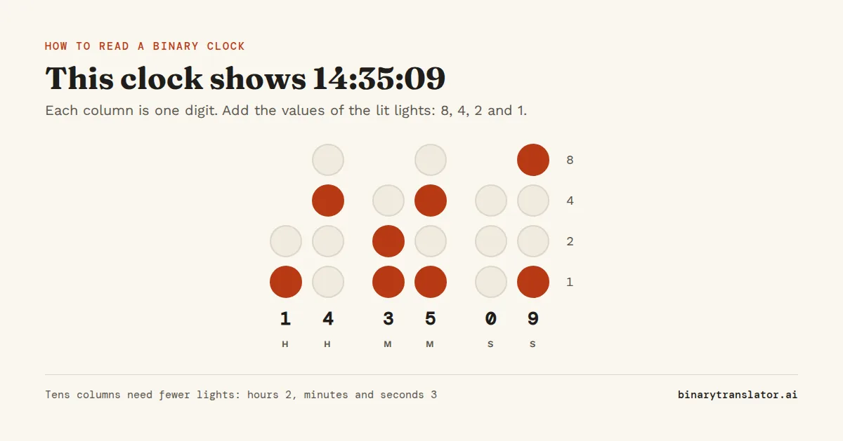 BCD binary clock reading 14:35:09: the columns show 1, 4, 3, 5, 0 and 9. For example the 9 column has the 8 and 1 lights on, and the 3 column has the 2 and 1 lights on.