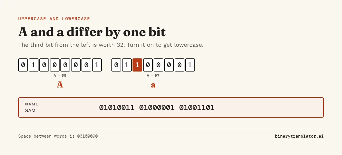 Uppercase A is 01000001 and lowercase a is 01100001: they differ only in the bit worth 32. The name SAM in binary is 01010011 01000001 01001101.