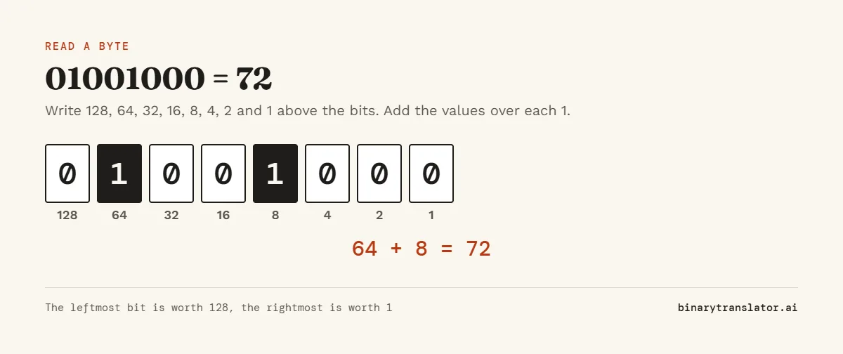 Reading the byte 01001000: the place values are 128, 64, 32, 16, 8, 4, 2 and 1. The 1s sit under 64 and 8, so the byte equals 64 plus 8, which is 72.