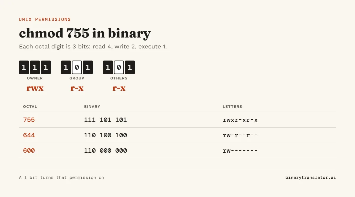 chmod 755 in binary is 111 101 101: the owner has read, write and execute, while group and others have read and execute. 644 is 110 100 100 and 600 is 110 000 000.