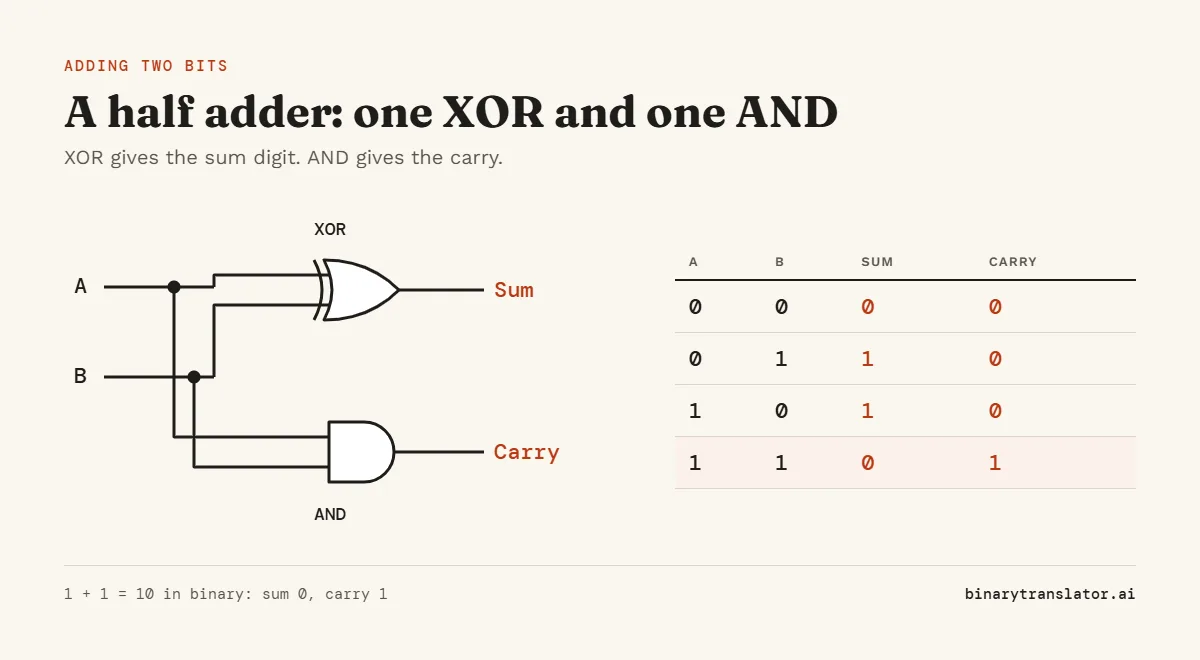 A half adder circuit: inputs A and B go to an XOR gate, which gives the sum, and an AND gate, which gives the carry. For 1 plus 1 the sum is 0 and the carry is 1, which is 10 in binary.