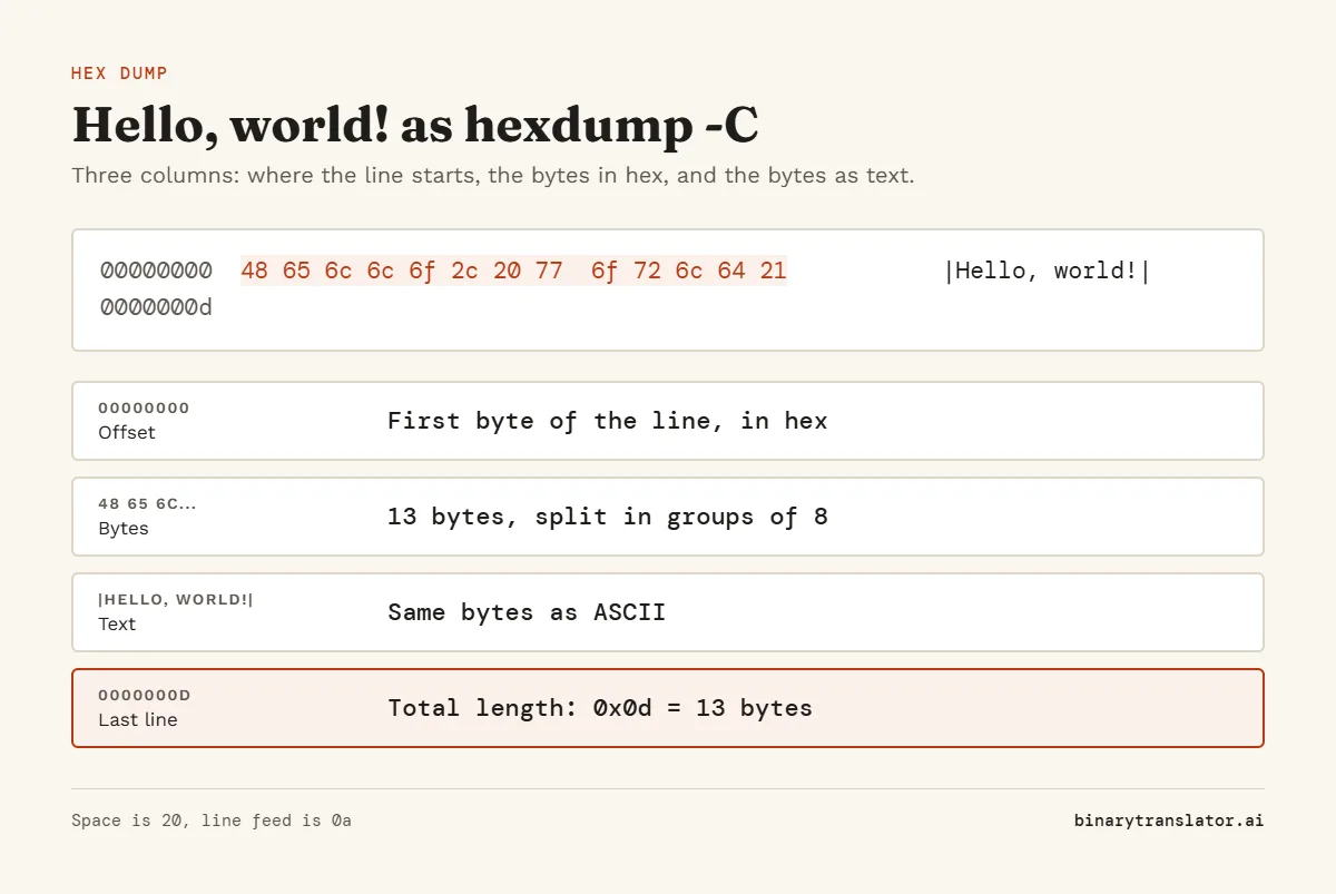 Hex dump of Hello, world! in hexdump -C format: offset 00000000, the bytes 48 65 6c 6c 6f 2c 20 77 6f 72 6c 64 21, the text column, and a last line 0000000d giving the length of 13 bytes.