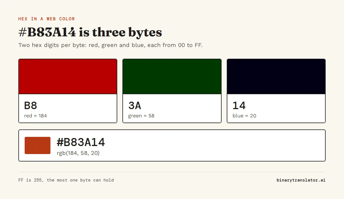 The web color #B83A14 split into three bytes: B8 is red 184, 3A is green 58 and 14 is blue 20, which is rgb(184, 58, 20).