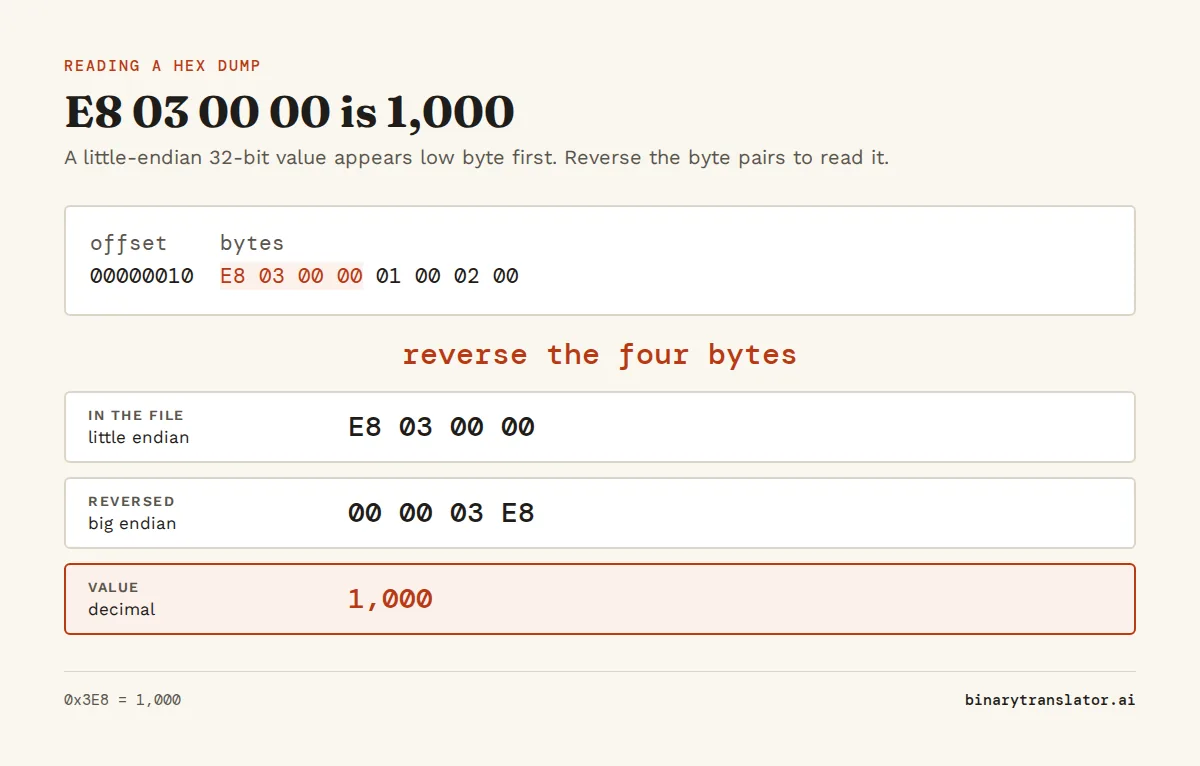 Reading a little-endian value in a hex dump: the bytes E8 03 00 00 reversed are 00 00 03 E8, which is 0x3E8 or 1,000 in decimal.