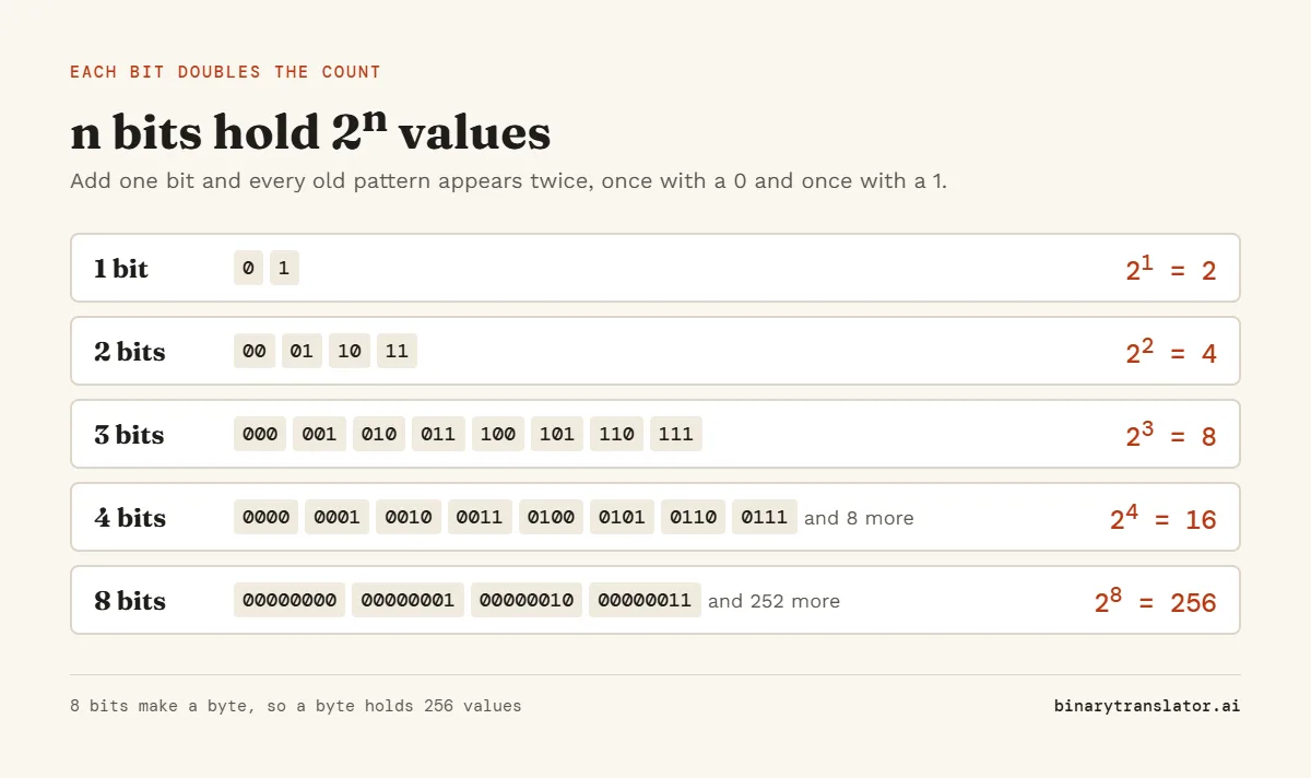How bits double the count: 1 bit has 2 patterns, 2 bits have 4, 3 bits have 8, 4 bits have 16 and 8 bits have 256, which is 2 to the power of n for n bits.