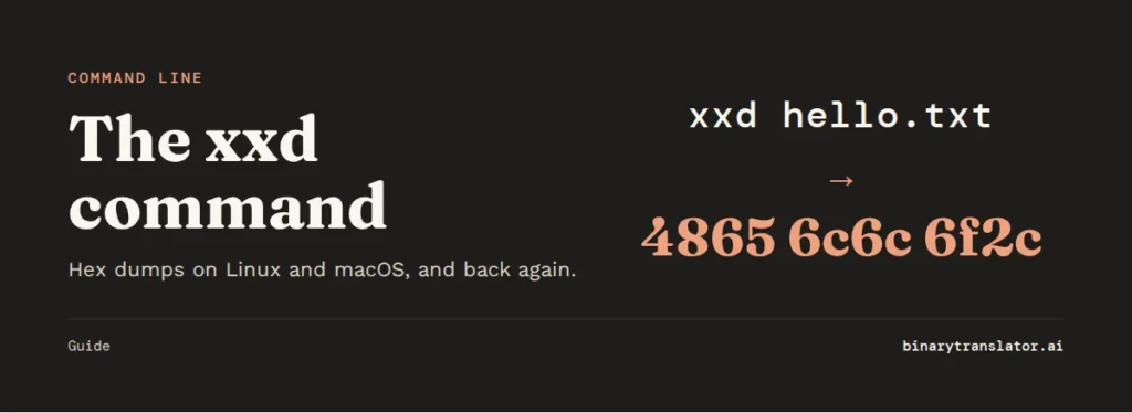 The xxd command turns hello.txt into the hex 4865 6c6c 6f2c.